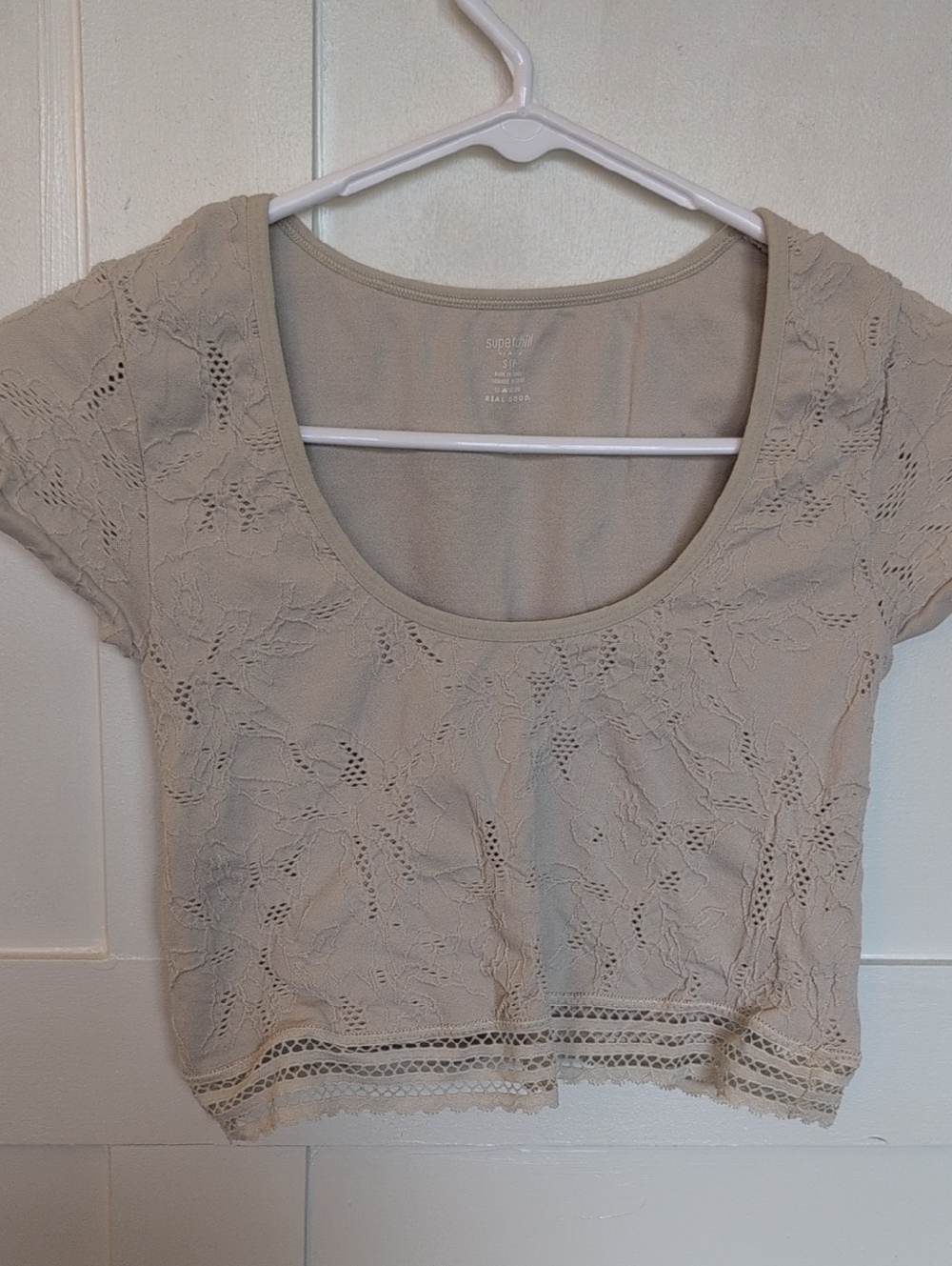 Lace Overlay Scoop Neck Women's Crop Top - Beige